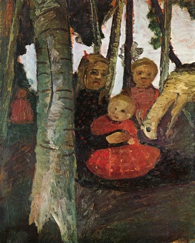 Tre bambini con capra nel bosco di betulle da Paula Modersohn Becker